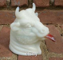 Antique RARE Atterbury Milk Glass Bull Steer Head Mustard Covered Dish with Spoon