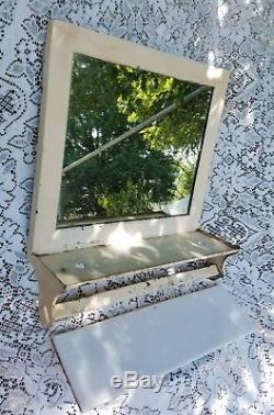 Antique Rare Metal Shaving Mirror Circa 1800's Milk Glass Shelf