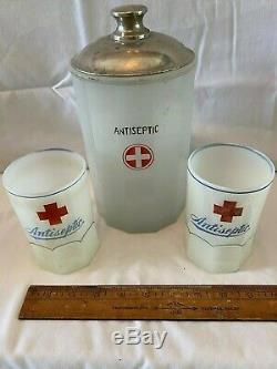 Antique Red Cross Milk Glass Decanter & Cups