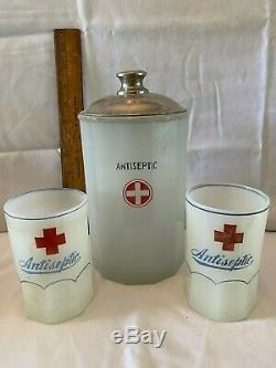 Antique Red Cross Milk Glass Decanter & Cups