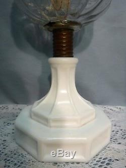 Antique Round Clear Glass Font with White Milk Glass Base Oil Kerosene Lamp 1800's