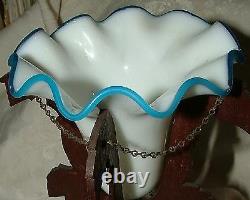 Antique SANDWICH Glass Single EPERGNE Milk Glass Blue Ruffle Edge in Wood Stand