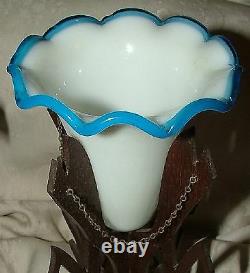 Antique SANDWICH Glass Single EPERGNE Milk Glass Blue Ruffle Edge in Wood Stand