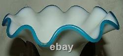 Antique SANDWICH Glass Single EPERGNE Milk Glass Blue Ruffle Edge in Wood Stand
