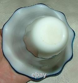 Antique SANDWICH Glass Single EPERGNE Milk Glass Blue Ruffle Edge in Wood Stand