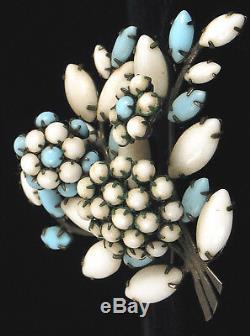 Antique Schreiner New York Blue + White Milk Glass Flower Bouquet Brooch Pin Wow