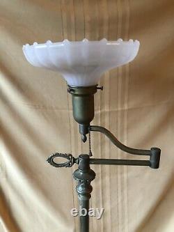 Antique Torchiere Brass Swing Arm Floor Lamp Original Fluted Milk Glass Shade