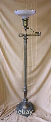 Antique Torchiere Brass Swing Arm Floor Lamp Original Fluted Milk Glass Shade