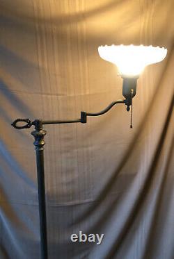 Antique Torchiere Brass Swing Arm Floor Lamp Original Fluted Milk Glass Shade