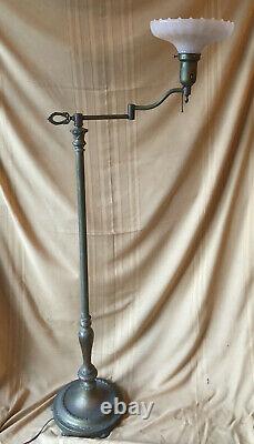 Antique Torchiere Brass Swing Arm Floor Lamp Original Fluted Milk Glass Shade