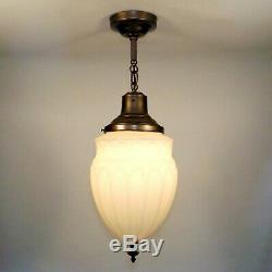 Antique Victorian Big Satin Milk Glass Globe Shade Bronze Ceiling Pendant Light