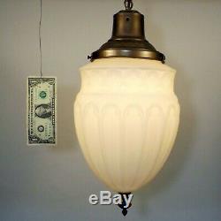 Antique Victorian Big Satin Milk Glass Globe Shade Bronze Ceiling Pendant Light