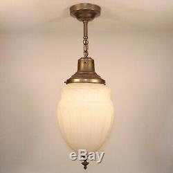 Antique Victorian Big Satin Milk Glass Globe Shade Bronze Ceiling Pendant Light