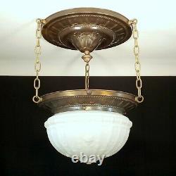 Antique Victorian Brass Bronze Hanging Light Fixture Chandelier Milk Glass Globe