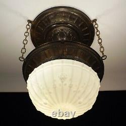 Antique Victorian Brass Bronze Hanging Light Fixture Chandelier Milk Glass Globe