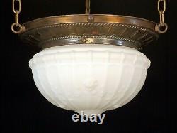 Antique Victorian Brass Bronze Hanging Light Fixture Chandelier Milk Glass Globe