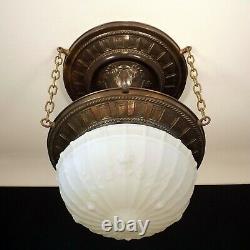 Antique Victorian Brass Bronze Hanging Light Fixture Chandelier Milk Glass Globe