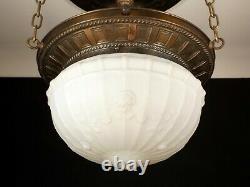 Antique Victorian Brass Bronze Hanging Light Fixture Chandelier Milk Glass Globe