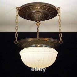 Antique Victorian Brass Bronze Hanging Light Fixture Chandelier Milk Glass Globe