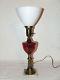 Antique Victorian Etched Cranberry Glass Font Table Lamp With Milk Glass Shade