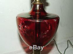 Antique Victorian Etched Cranberry Glass Font Table Lamp with Milk Glass Shade