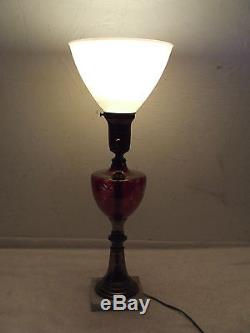 Antique Victorian Etched Cranberry Glass Font Table Lamp with Milk Glass Shade