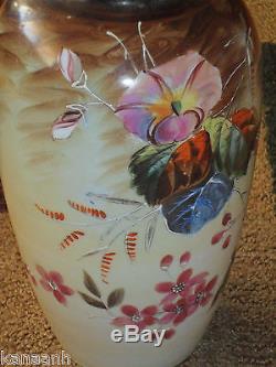 Antique Victorian Floral Hand Painted White Milk Glass Vase
