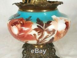 Antique Victorian Gwtw Milk Glass Oil Lamp With Hand Painted Red And White Roses