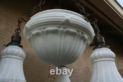 Antique Victorian Large Brass Milk Glass Chandelier Ceiling Bowl Shade Fixture