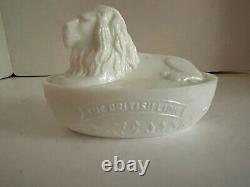 Antique Victorian Milk Glass Covered Lion Covered Butter Dish THE BRITISH LION