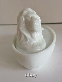 Antique Victorian Milk Glass Covered Lion Covered Butter Dish THE BRITISH LION