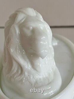 Antique Victorian Milk Glass Covered Lion Covered Butter Dish THE BRITISH LION