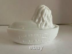 Antique Victorian Milk Glass Covered Lion Covered Butter Dish THE BRITISH LION