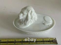 Antique Victorian Milk Glass Covered Lion Covered Butter Dish THE BRITISH LION