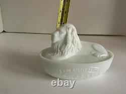 Antique Victorian Milk Glass Covered Lion Covered Butter Dish THE BRITISH LION