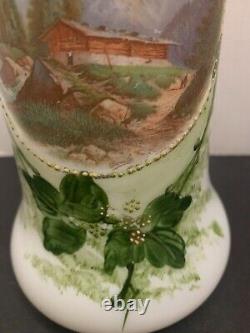 Antique Victorian Milk Glass Hand Painted Vase and Transferware Landscape Signed