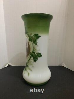 Antique Victorian Milk Glass Hand Painted Vase and Transferware Landscape Signed