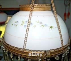 Antique Victorian Milk Glass Shade Jeweled Plume Atwood Kerosene Hanging Lamp