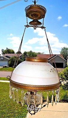 Antique Victorian Milk Glass Shade Jeweled Plume Atwood Kerosene Hanging Lamp