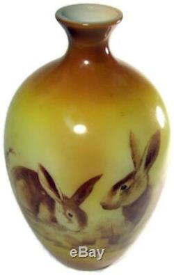 Antique Victorian Painted Milk Glass 10 1/2 Vase with Bunny Rabbits Illustration