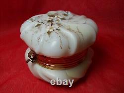 Antique Victorian Wave Crest Opal Glass Powder/ Dresser Box Enameled Flower Rare