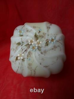 Antique Victorian Wave Crest Opal Glass Powder/ Dresser Box Enameled Flower Rare