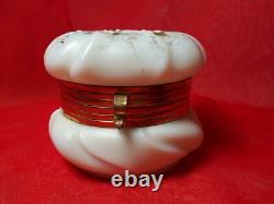 Antique Victorian Wave Crest Opal Glass Powder/ Dresser Box Enameled Flower Rare