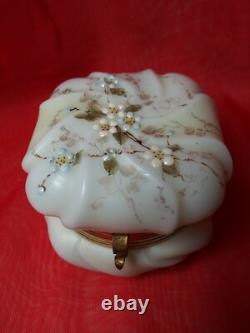 Antique Victorian Wave Crest Opal Glass Powder/ Dresser Box Enameled Flower Rare