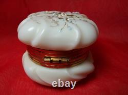 Antique Victorian Wave Crest Opal Glass Powder/ Dresser Box Enameled Flower Rare
