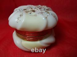Antique Victorian Wave Crest Opal Glass Powder/ Dresser Box Enameled Flower Rare