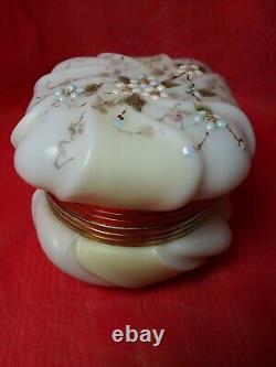 Antique Victorian Wave Crest Opal Glass Powder/ Dresser Box Enameled Flower Rare