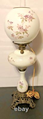 Antique Victorian White Milk Glass Electric OilLamp/Painted Purple Flowers
