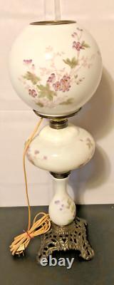 Antique Victorian White Milk Glass Electric OilLamp/Painted Purple Flowers