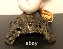 Antique Victorian White Milk Glass Electric OilLamp/Painted Purple Flowers